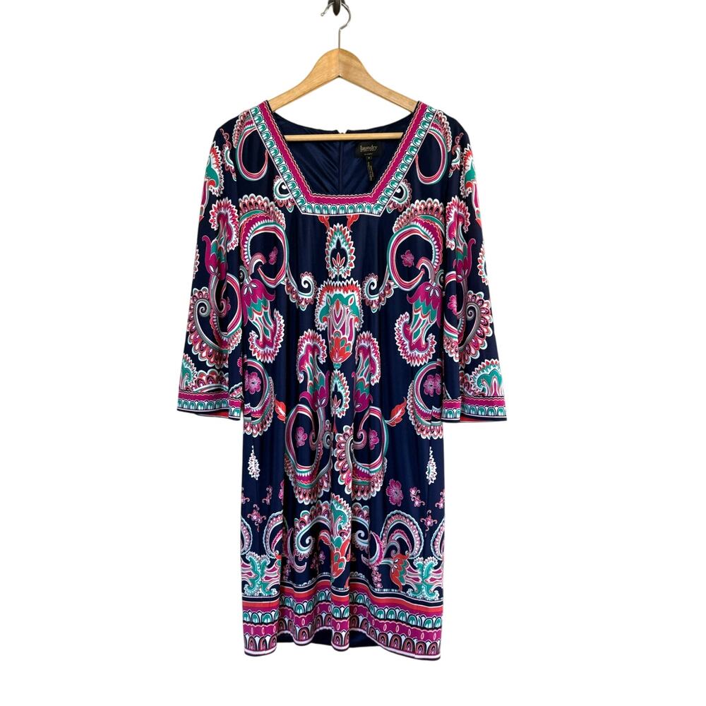 LAUNDRY by SHELLI SEGAL pink turquoise blue abstract travel wrinkle free dress